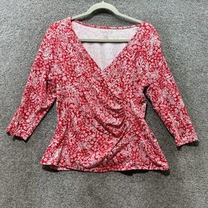 Talbots Faux Wrap Blouse Top Women Large Petite Red Floral 3/4 Sleeve Ruched